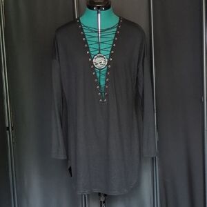 Zanzea Black and Green Embellished 3/4 Sleeve Tunic